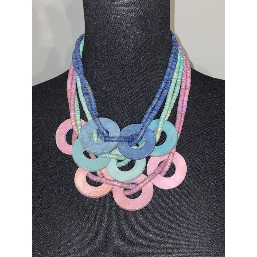 Vintage multi strand multi color purple green & blue wood beaded necklace Circle